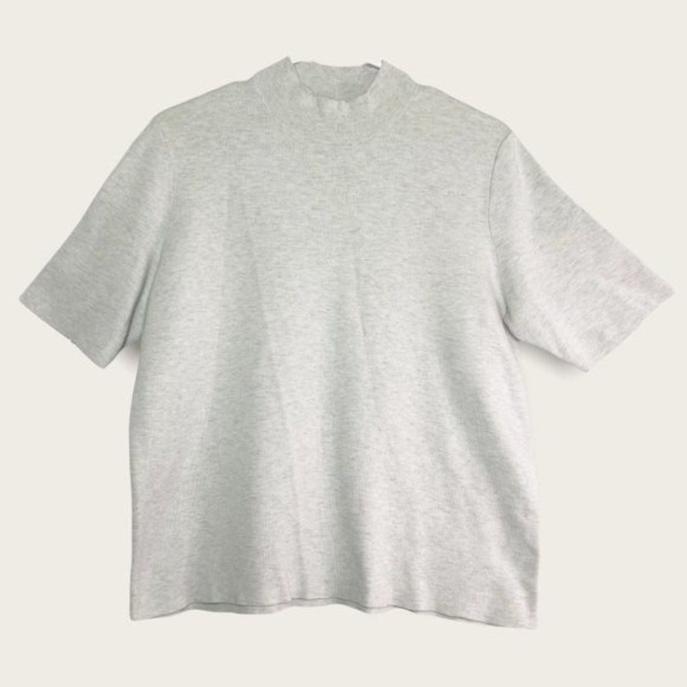 COS Ribbed Mock Neck Short Sleeve Silk Cotton Blend Top Light Grey